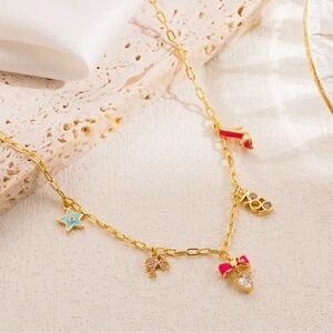 14K Gold Barbie Theme Mismatched Pendants Charms Necklace (Bow Heart Charm)